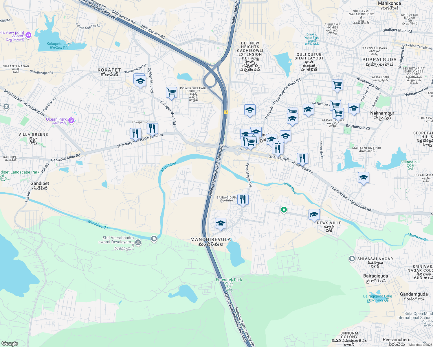 map of restaurants, bars, coffee shops, grocery stores, and more near in Hyderabad