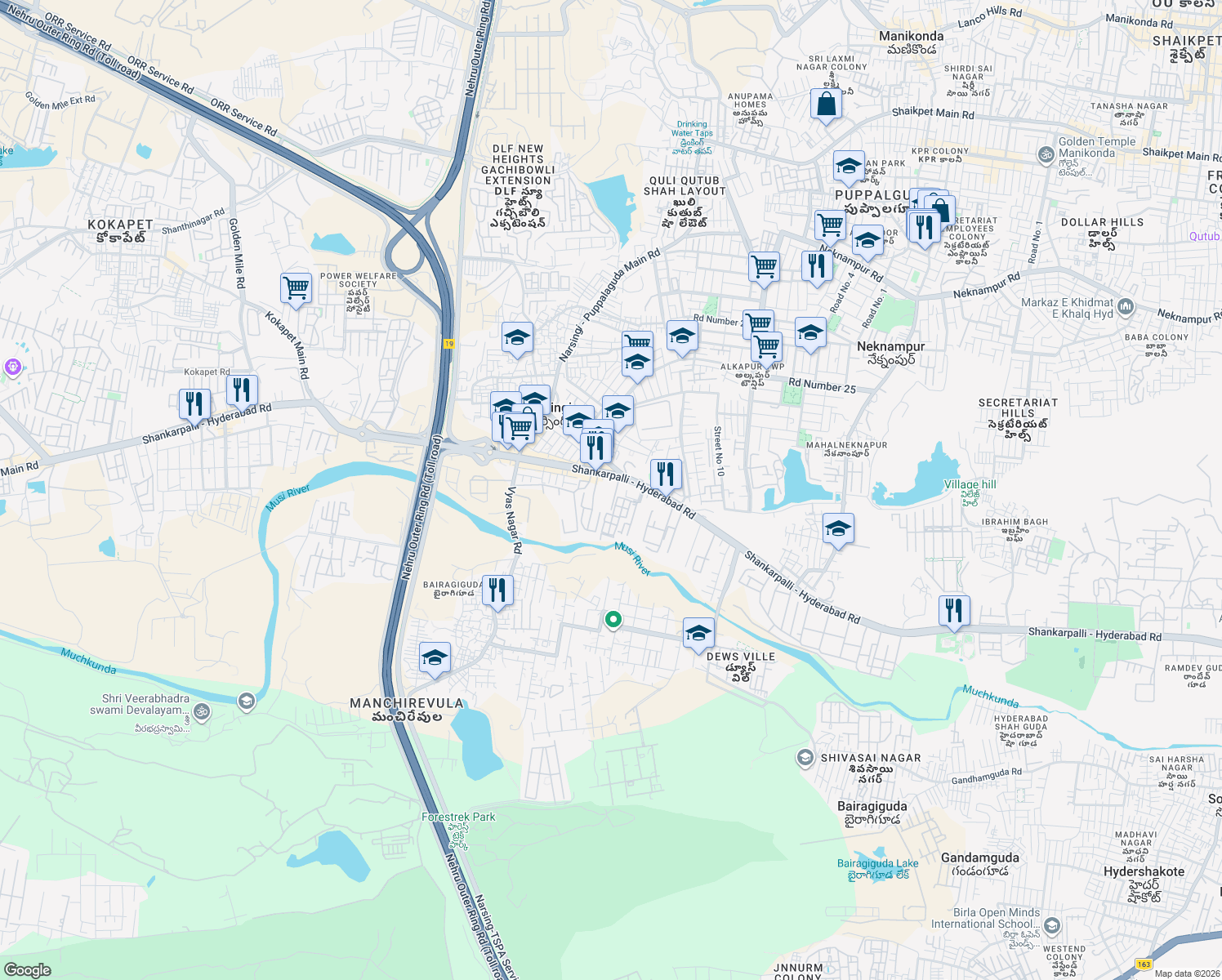 map of restaurants, bars, coffee shops, grocery stores, and more near Langar House Road in Hyderabad