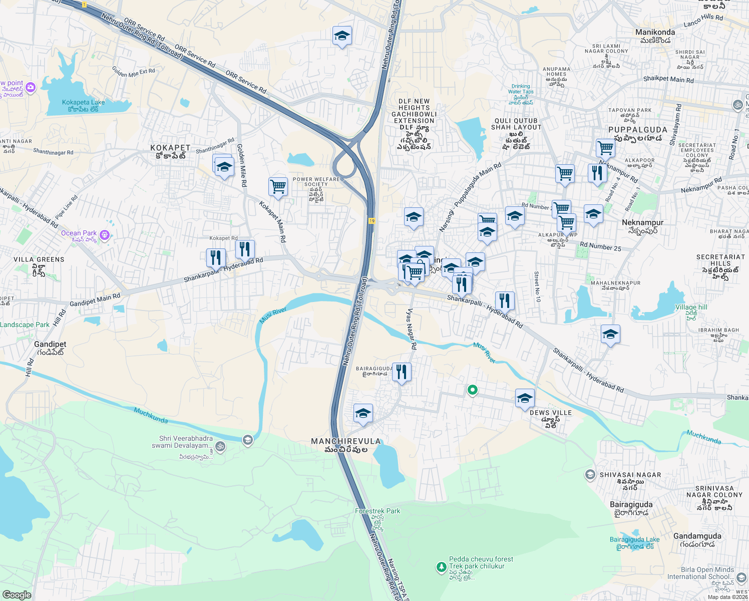 map of restaurants, bars, coffee shops, grocery stores, and more near Narsing-APPA Service Road in Hyderabad