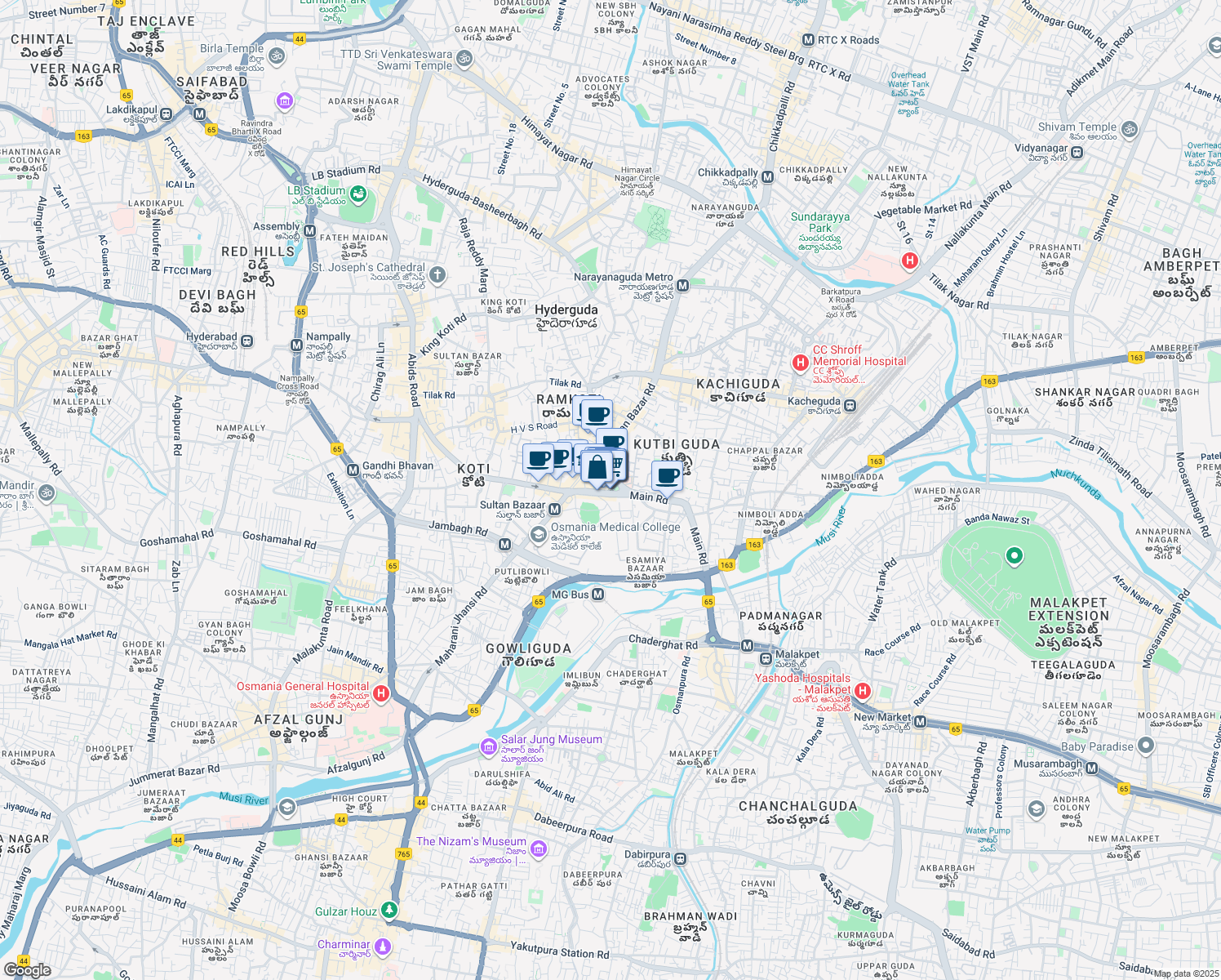 map of restaurants, bars, coffee shops, grocery stores, and more near 401 Main Road in Hyderabad