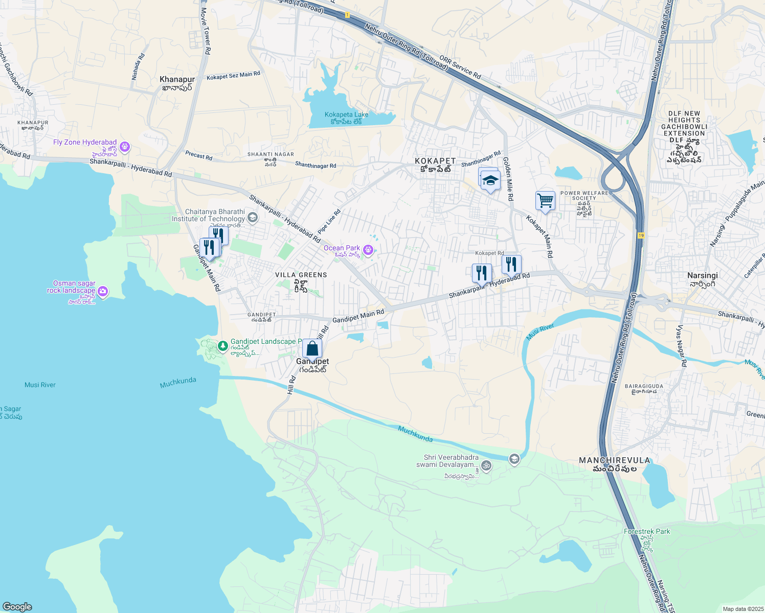 map of restaurants, bars, coffee shops, grocery stores, and more near Gandipet Main Road in Hyderabad