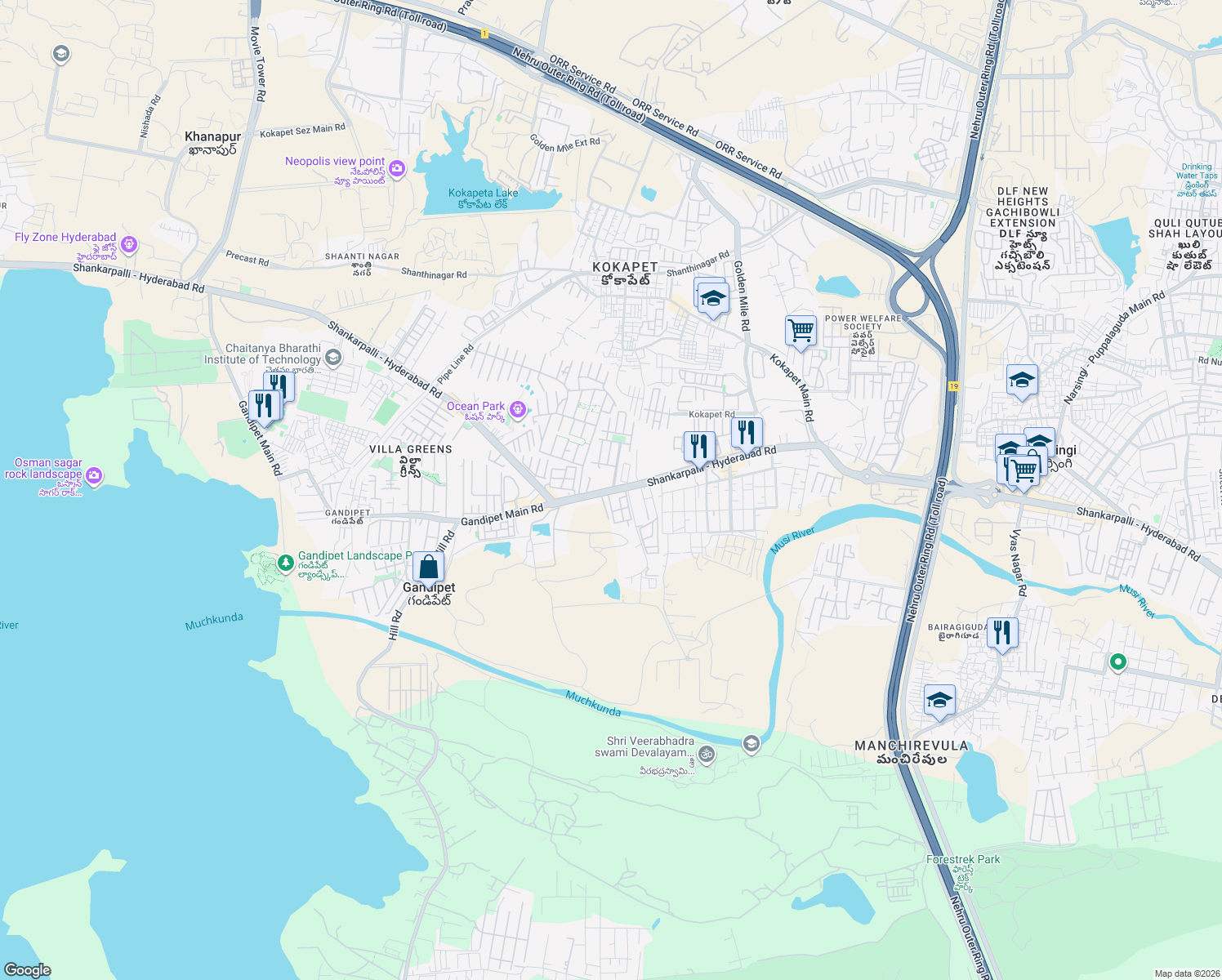 map of restaurants, bars, coffee shops, grocery stores, and more near in Hyderabad
