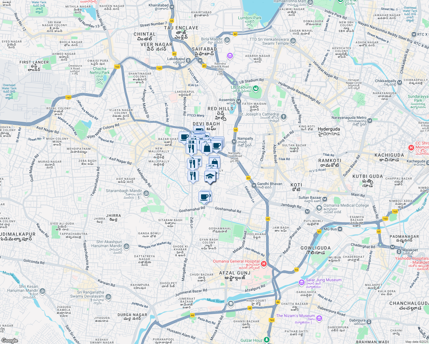 map of restaurants, bars, coffee shops, grocery stores, and more near in Hyderabad