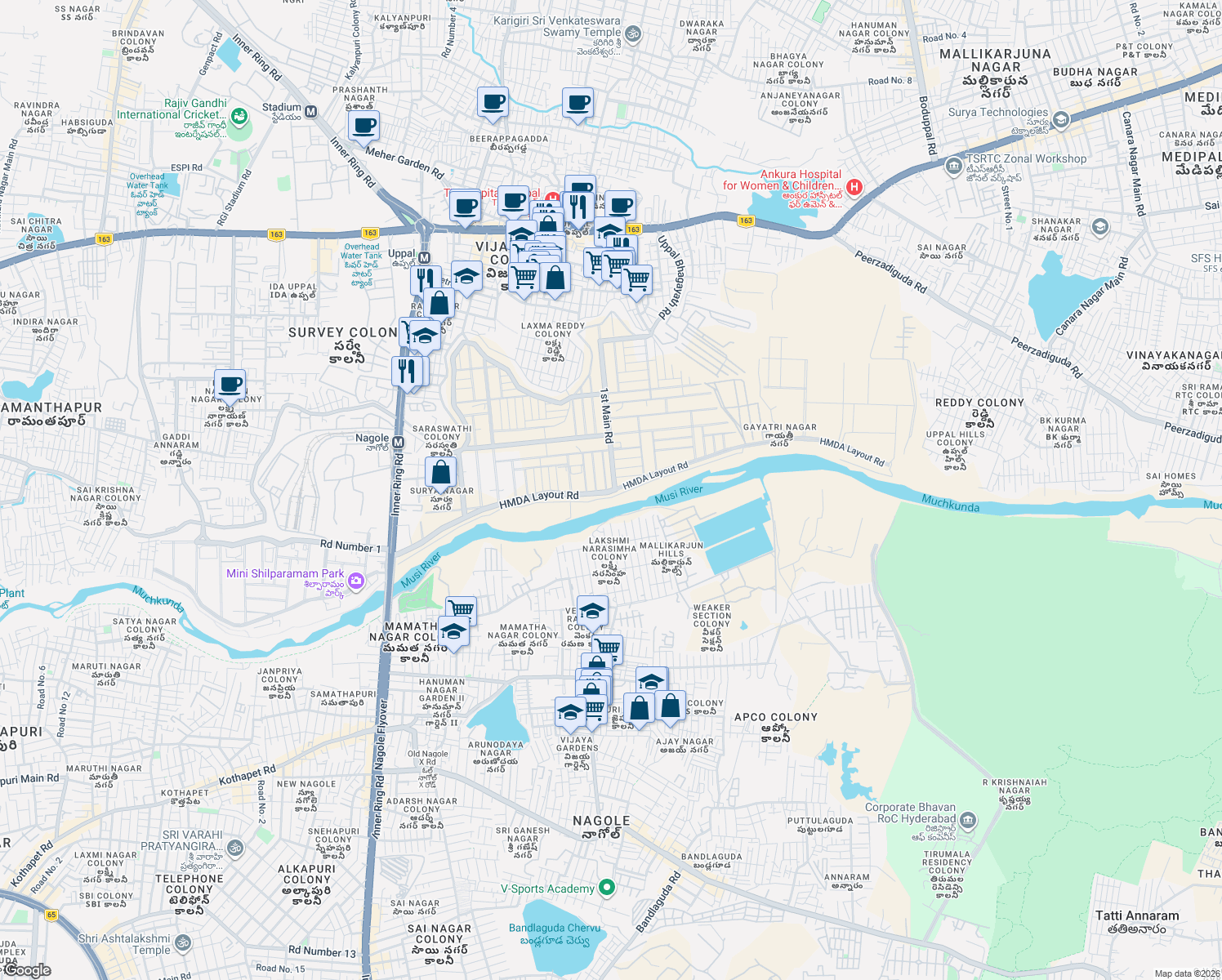 map of restaurants, bars, coffee shops, grocery stores, and more near HMDA Layout Road in Hyderabad