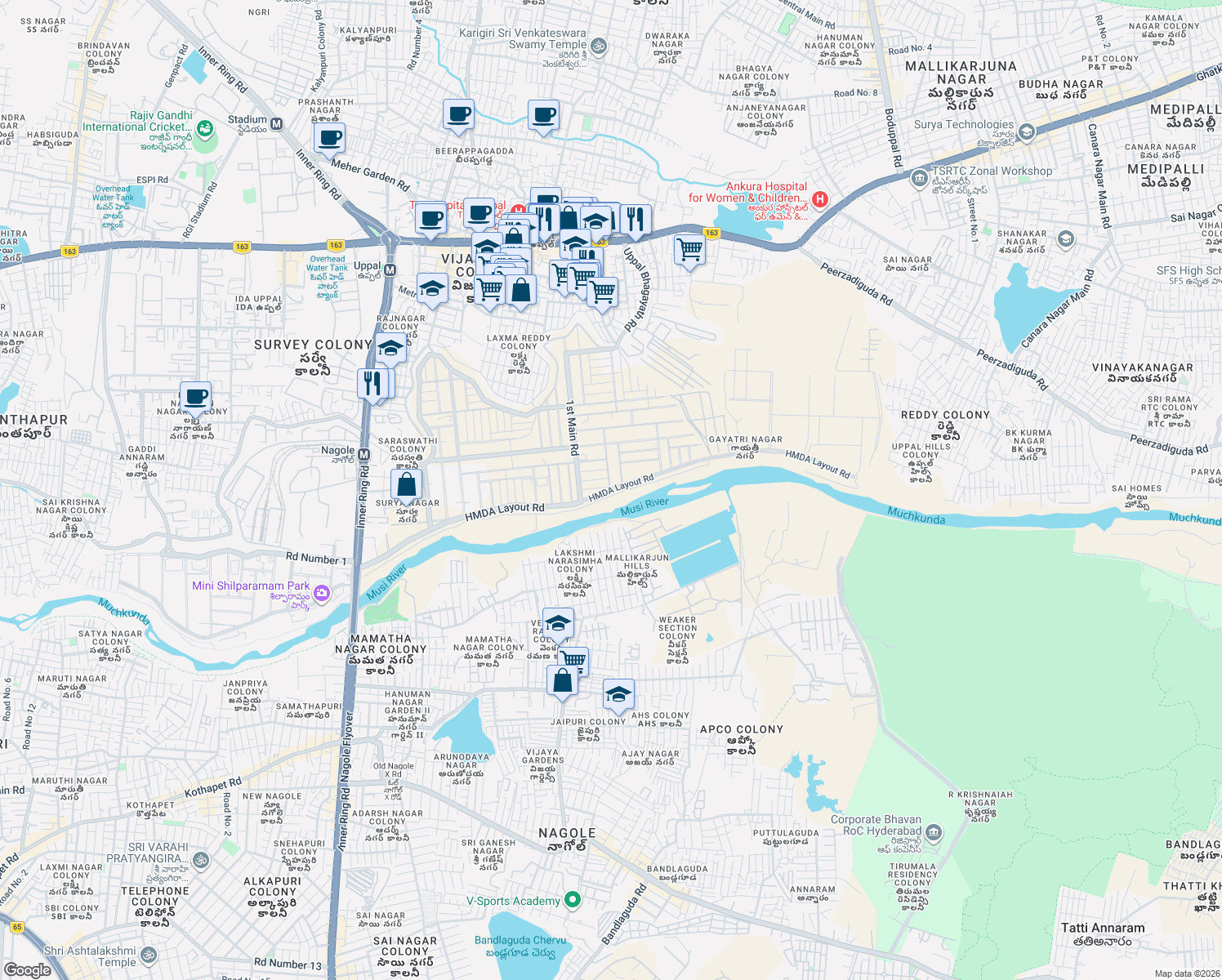 map of restaurants, bars, coffee shops, grocery stores, and more near HMDA Layout Road in Hyderabad
