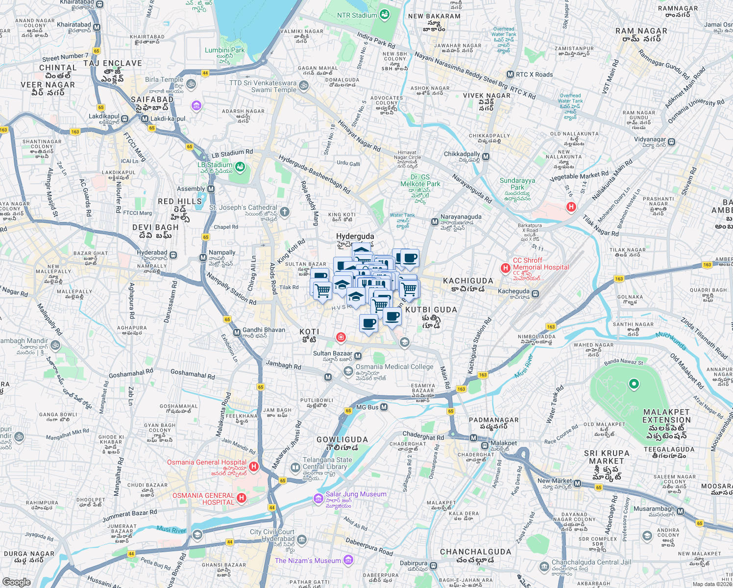 map of restaurants, bars, coffee shops, grocery stores, and more near in Hyderabad