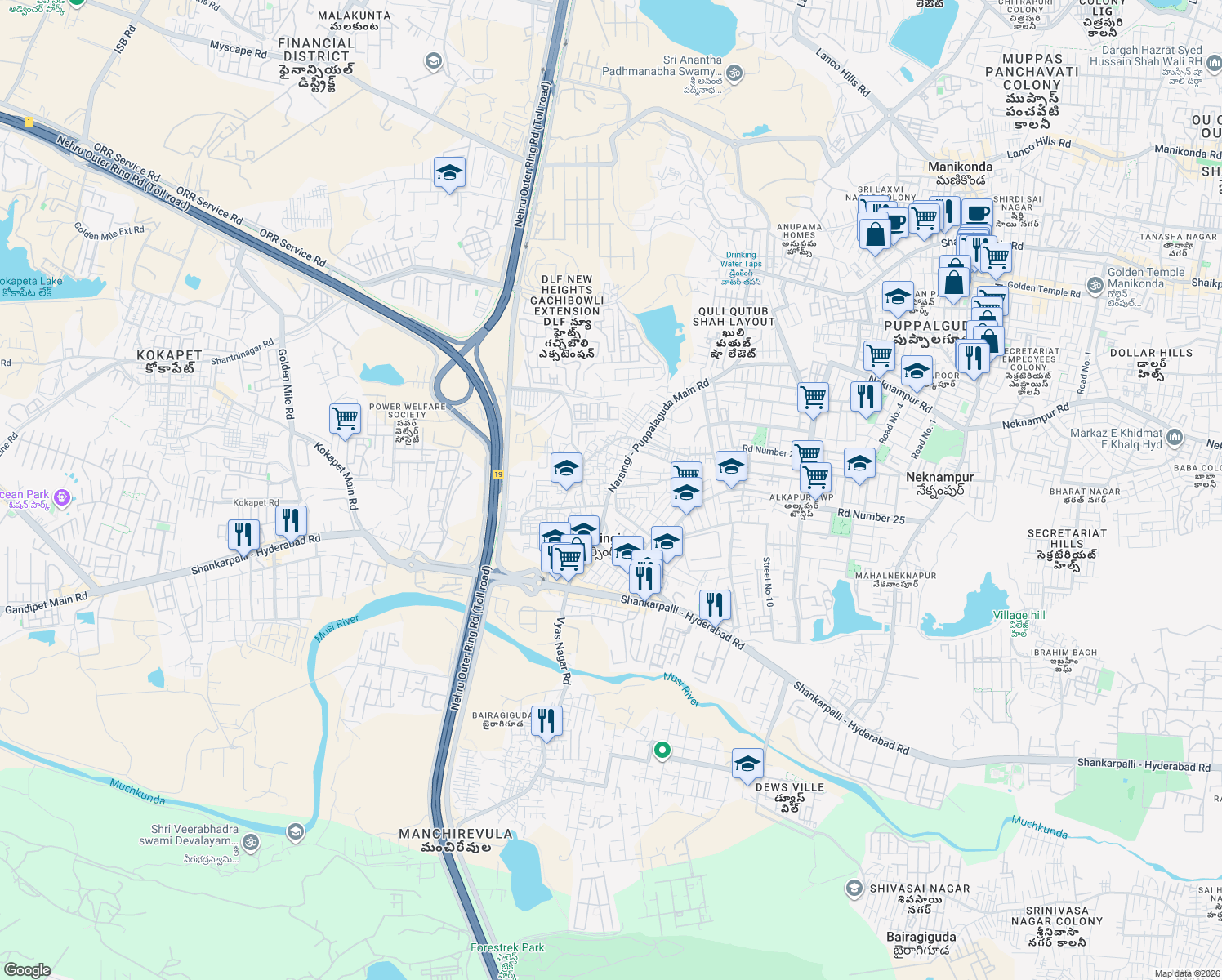 map of restaurants, bars, coffee shops, grocery stores, and more near in Hyderabad
