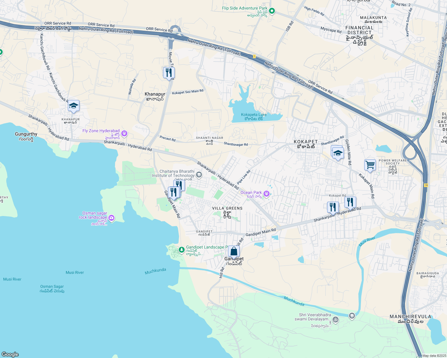 map of restaurants, bars, coffee shops, grocery stores, and more near Gandipet Main Road in Hyderabad
