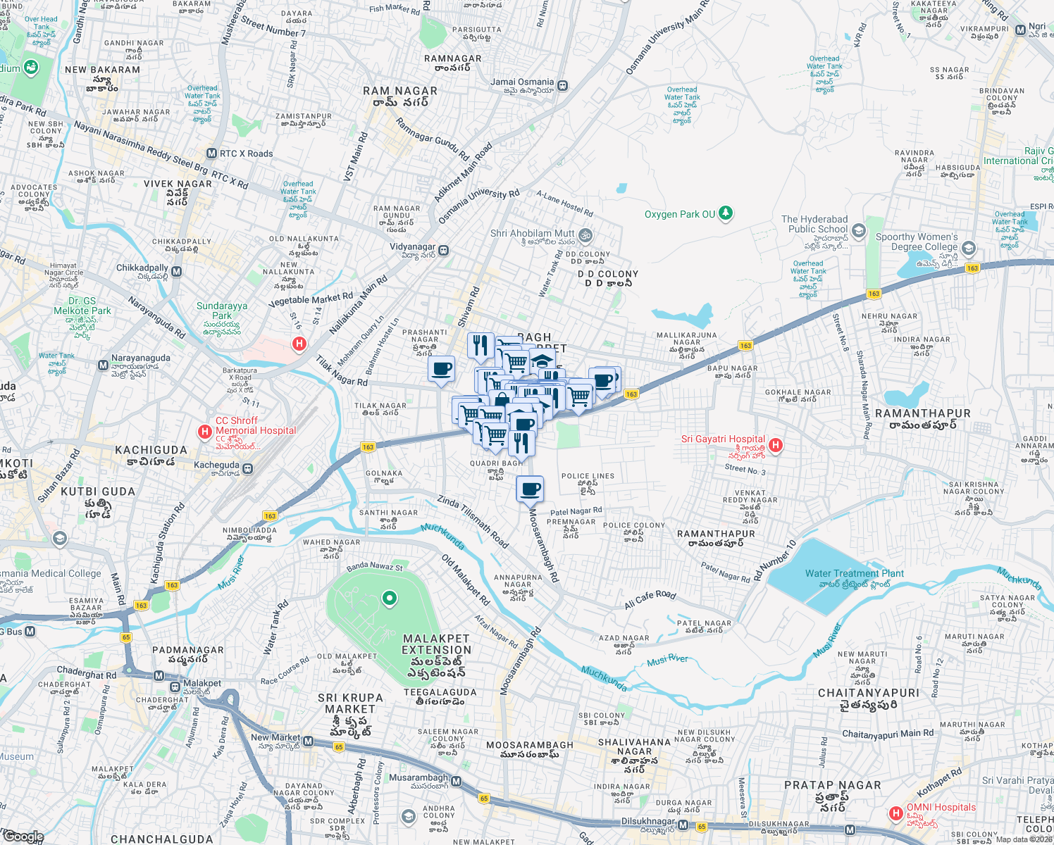 map of restaurants, bars, coffee shops, grocery stores, and more near in Hyderabad