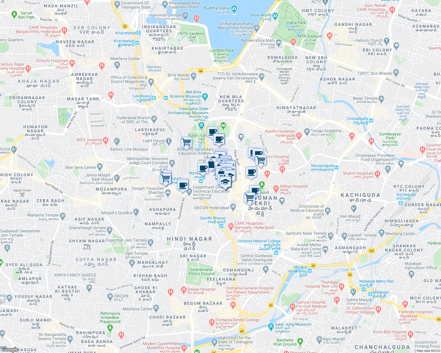 map of restaurants, bars, coffee shops, grocery stores, and more near in Hyderabad