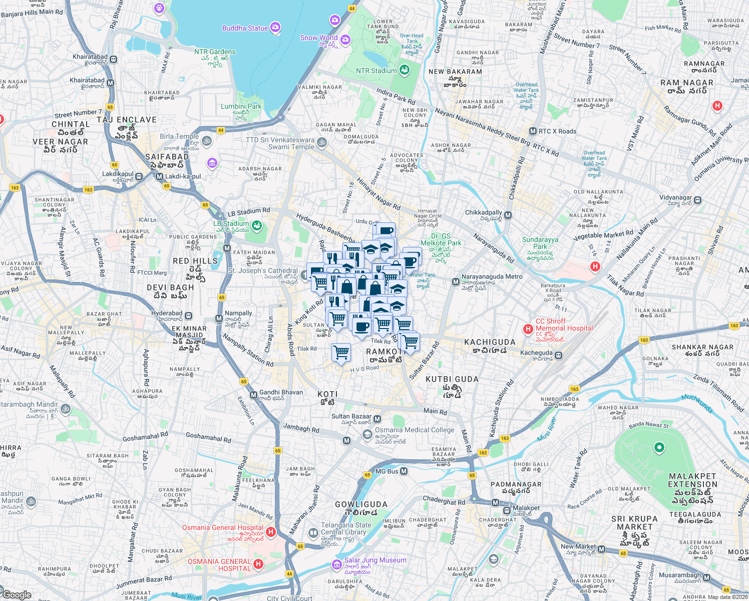 map of restaurants, bars, coffee shops, grocery stores, and more near in Hyderabad