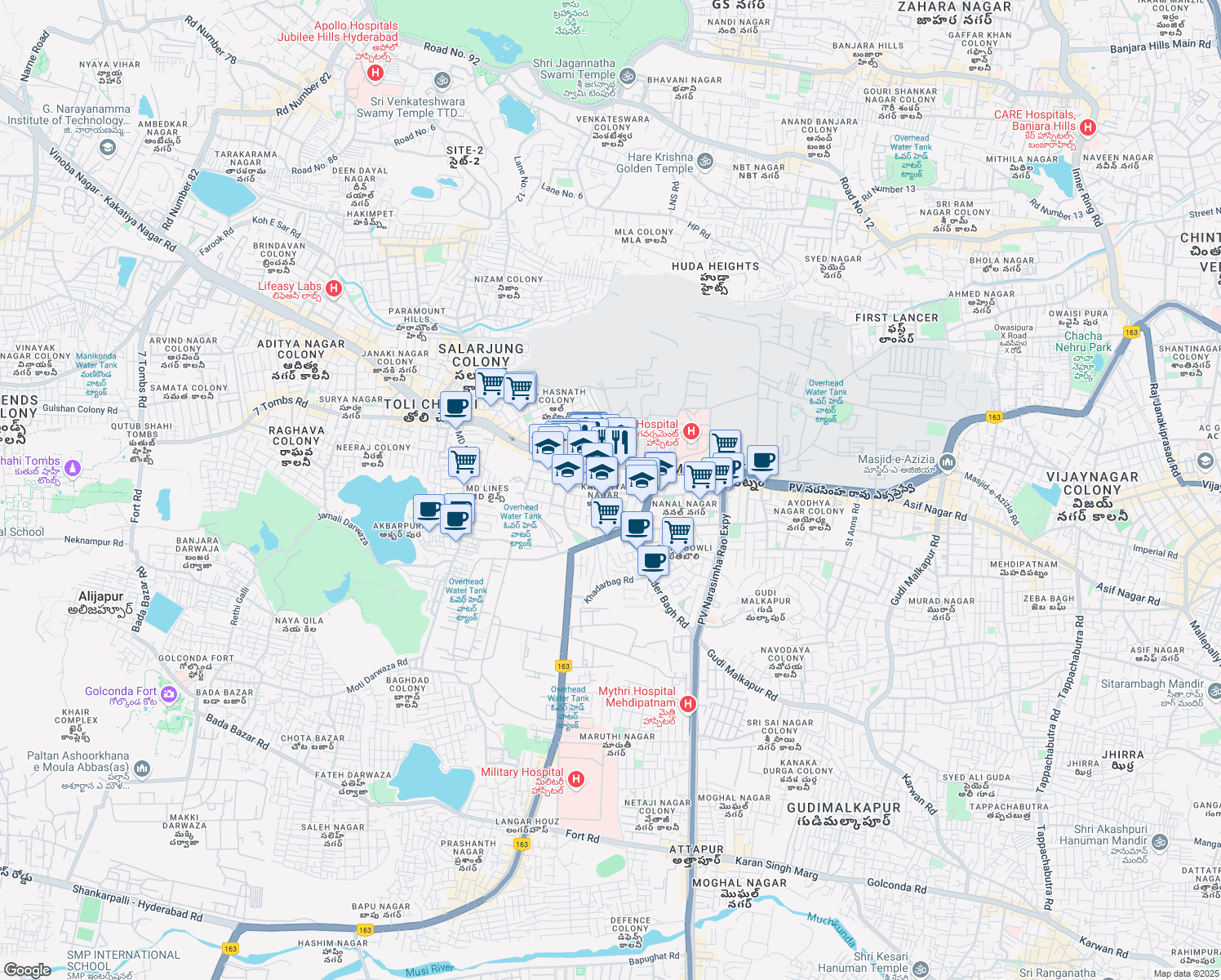 map of restaurants, bars, coffee shops, grocery stores, and more near Kakatiya Nagar Road in Hyderabad