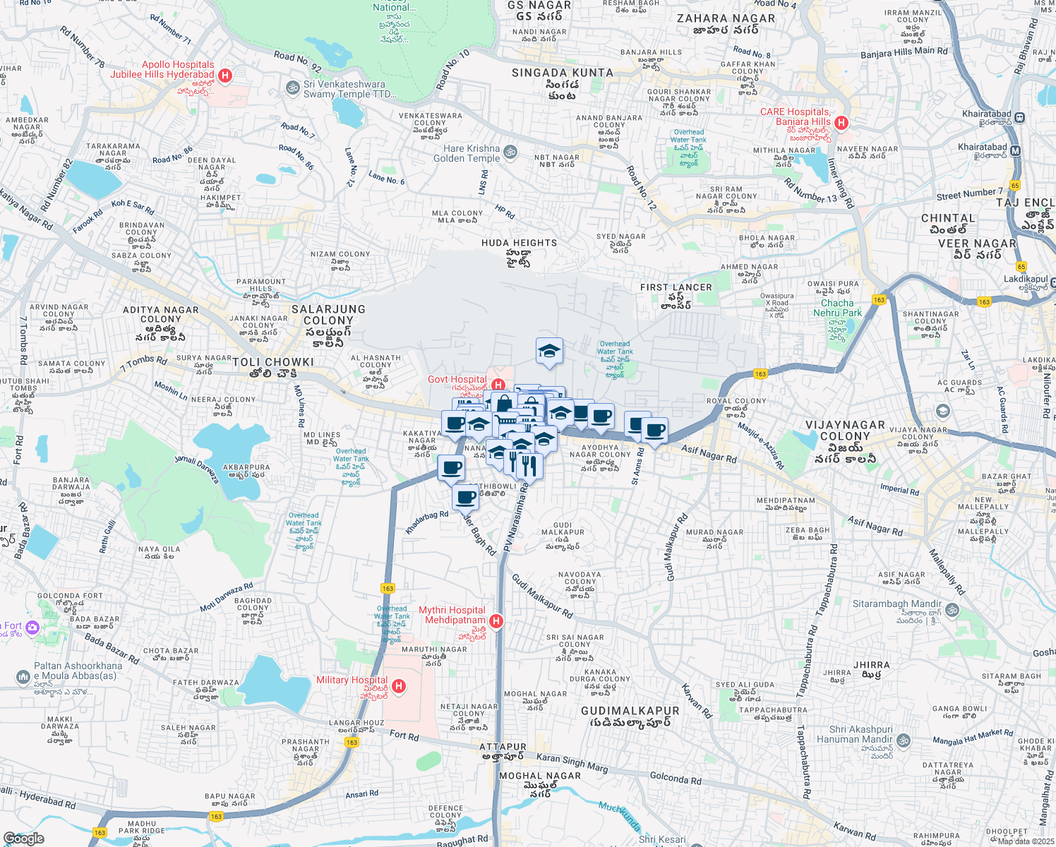 map of restaurants, bars, coffee shops, grocery stores, and more near in Hyderabad