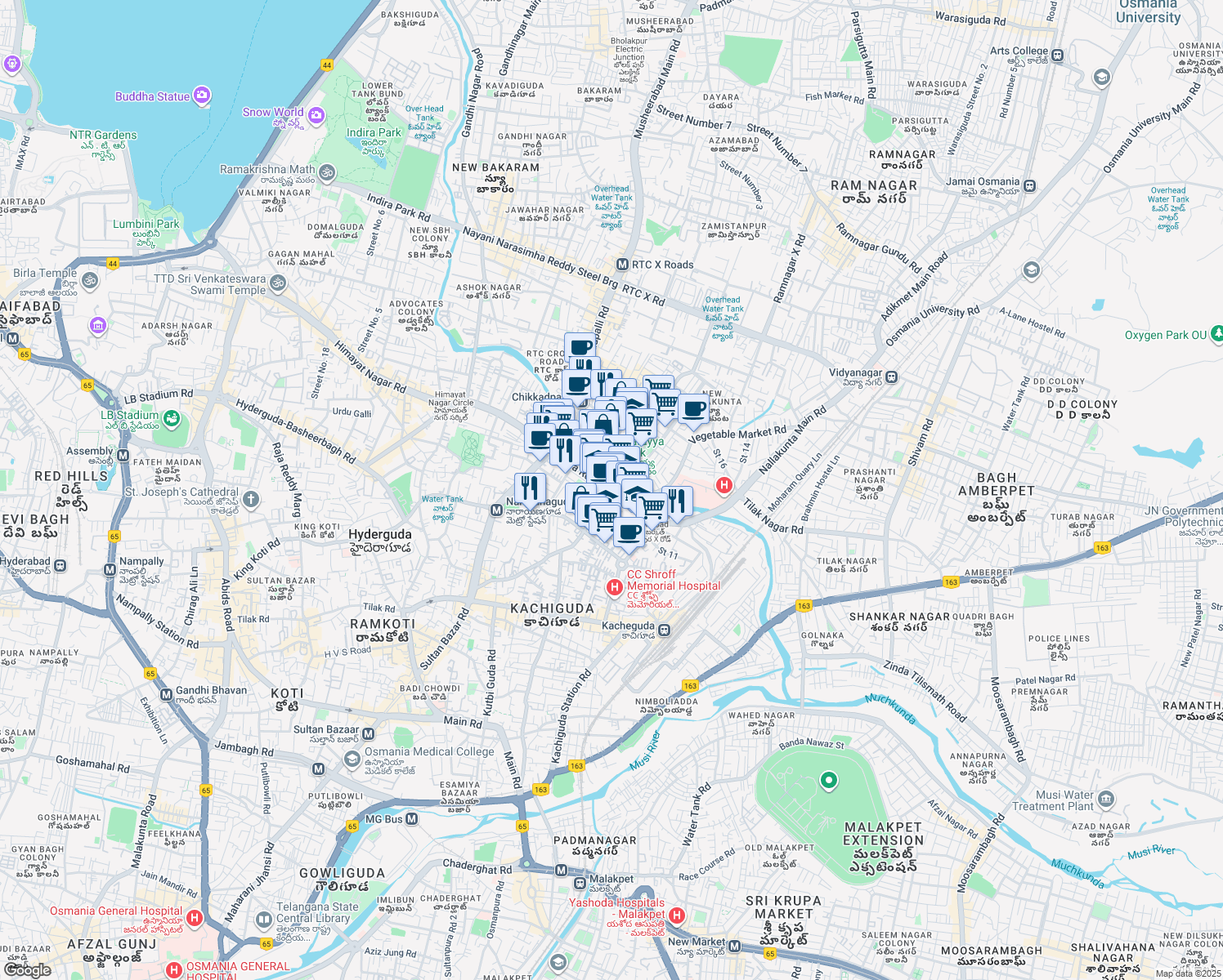 map of restaurants, bars, coffee shops, grocery stores, and more near Narayanguda Old Bridge in Hyderabad