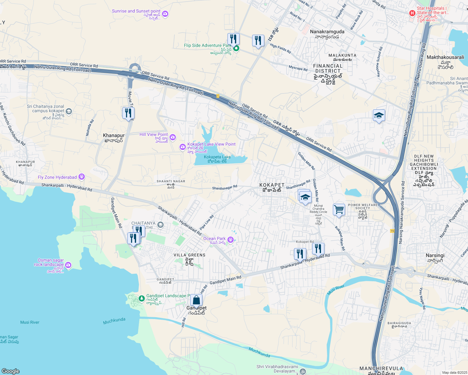 map of restaurants, bars, coffee shops, grocery stores, and more near 14 Shanthinagar Road in Kokapet