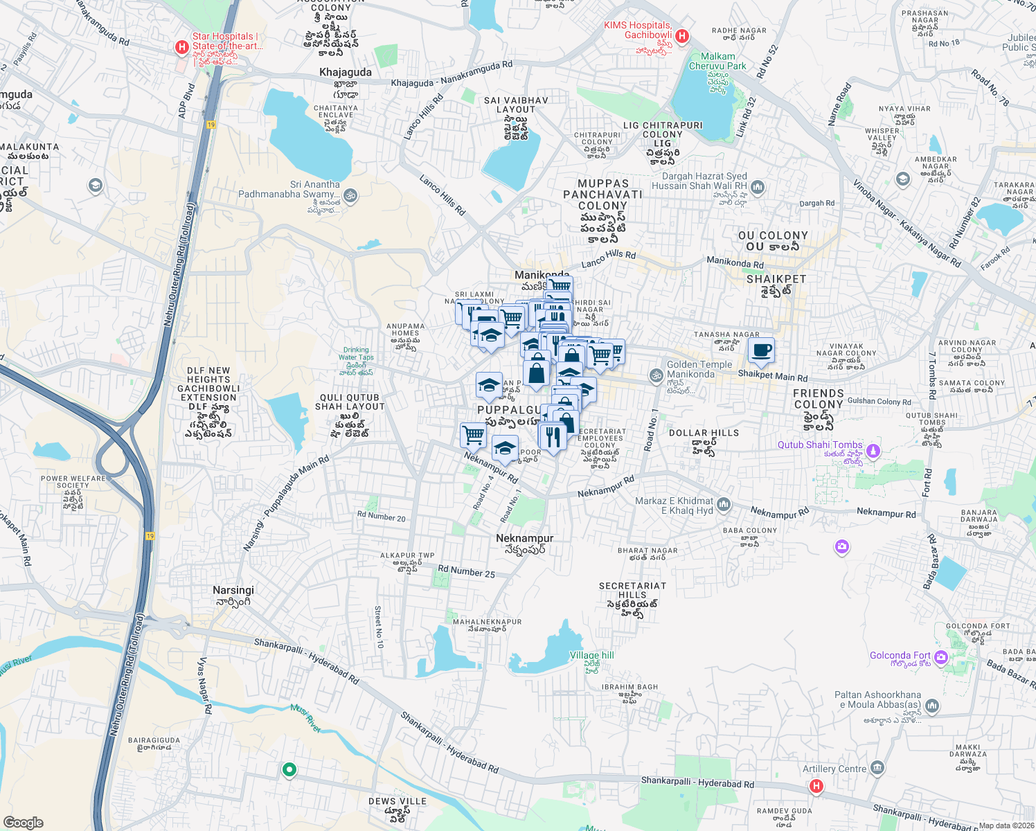 map of restaurants, bars, coffee shops, grocery stores, and more near in Puppalguda