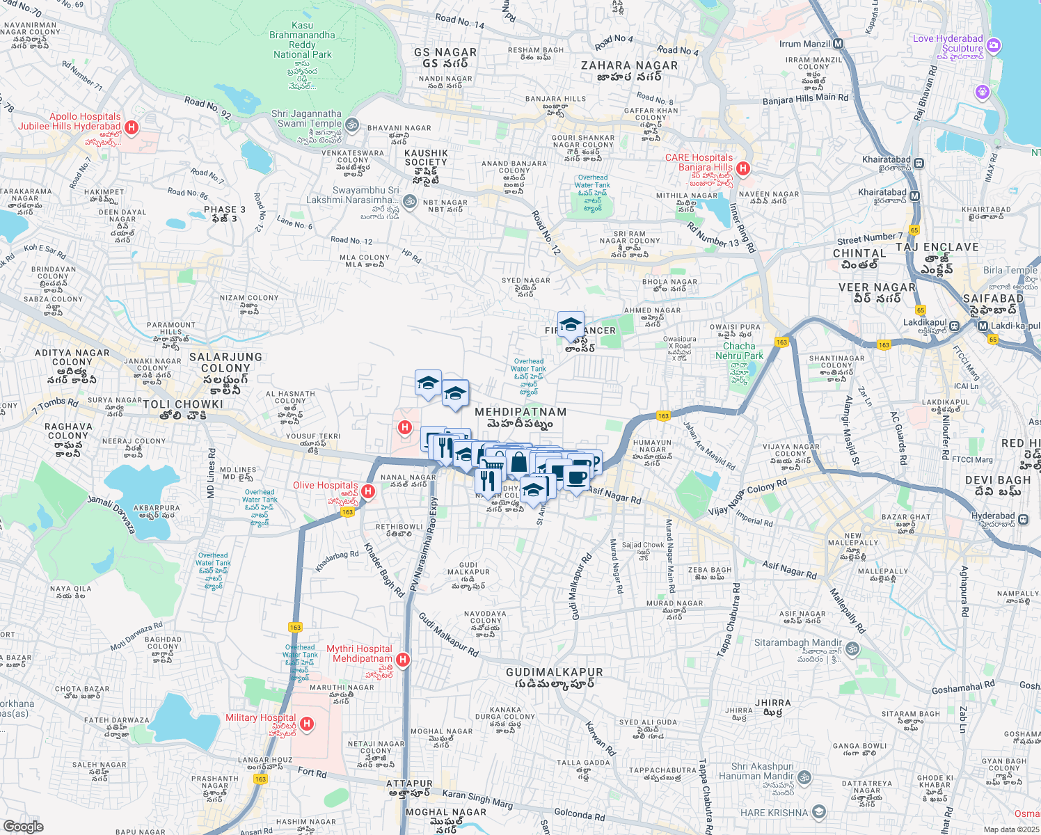 map of restaurants, bars, coffee shops, grocery stores, and more near Unnamed Road in Hyderabad