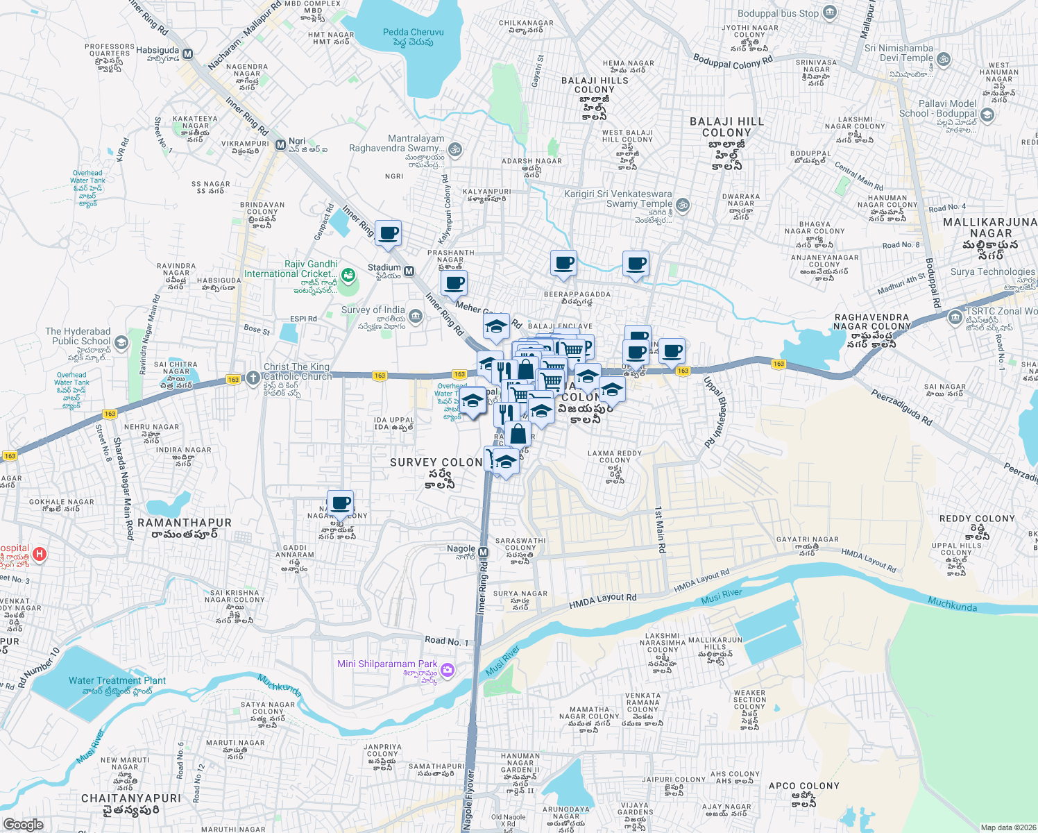 map of restaurants, bars, coffee shops, grocery stores, and more near in Hyderabad