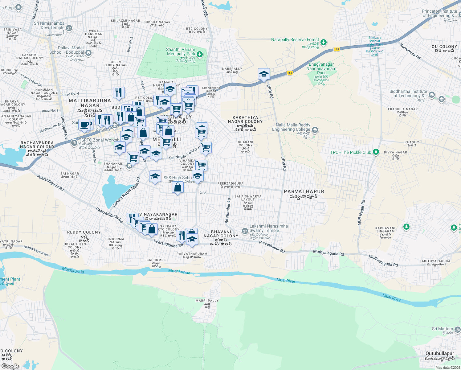 map of restaurants, bars, coffee shops, grocery stores, and more near in Hyderabad