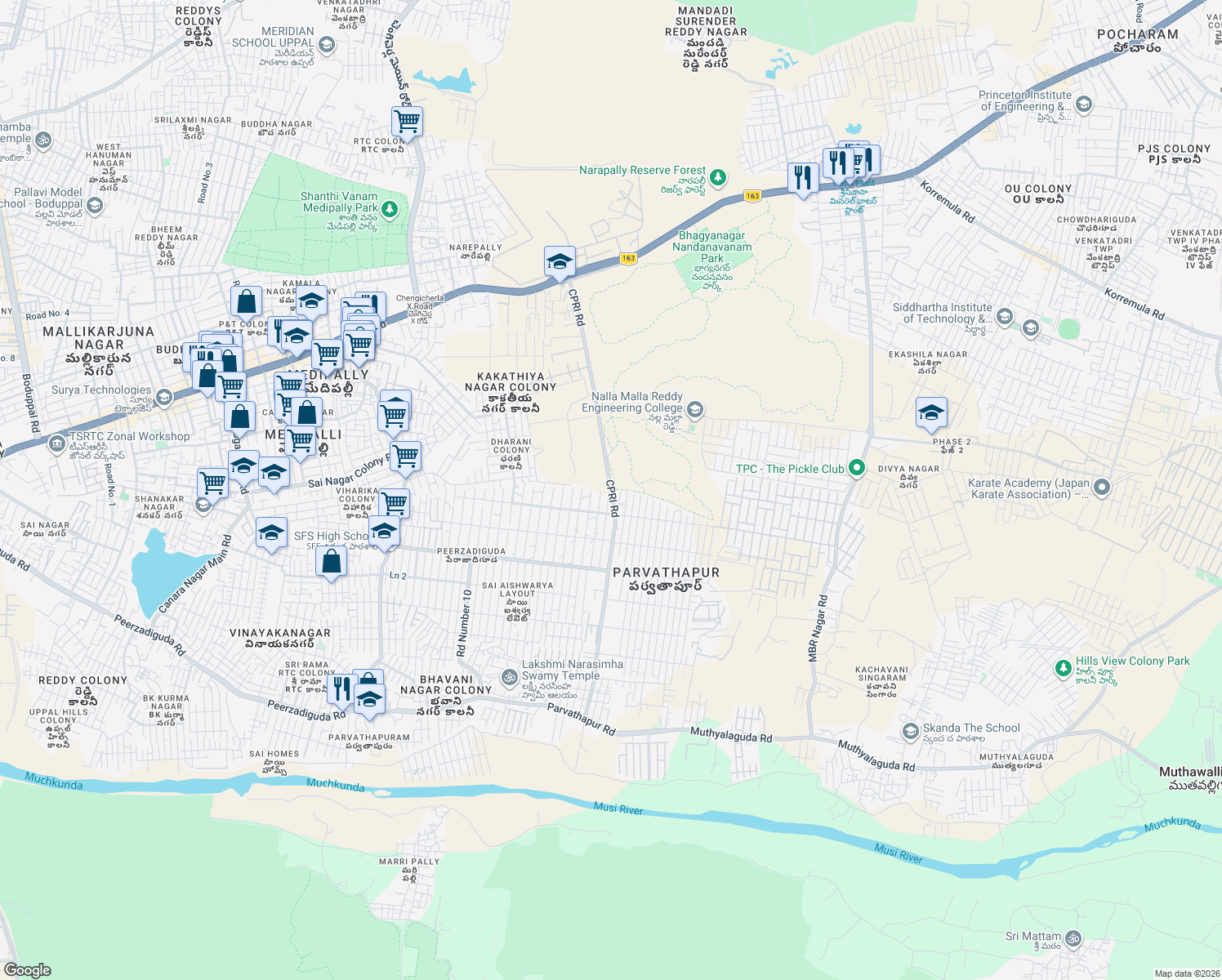 map of restaurants, bars, coffee shops, grocery stores, and more near CPRI ROAD in Hyderabad