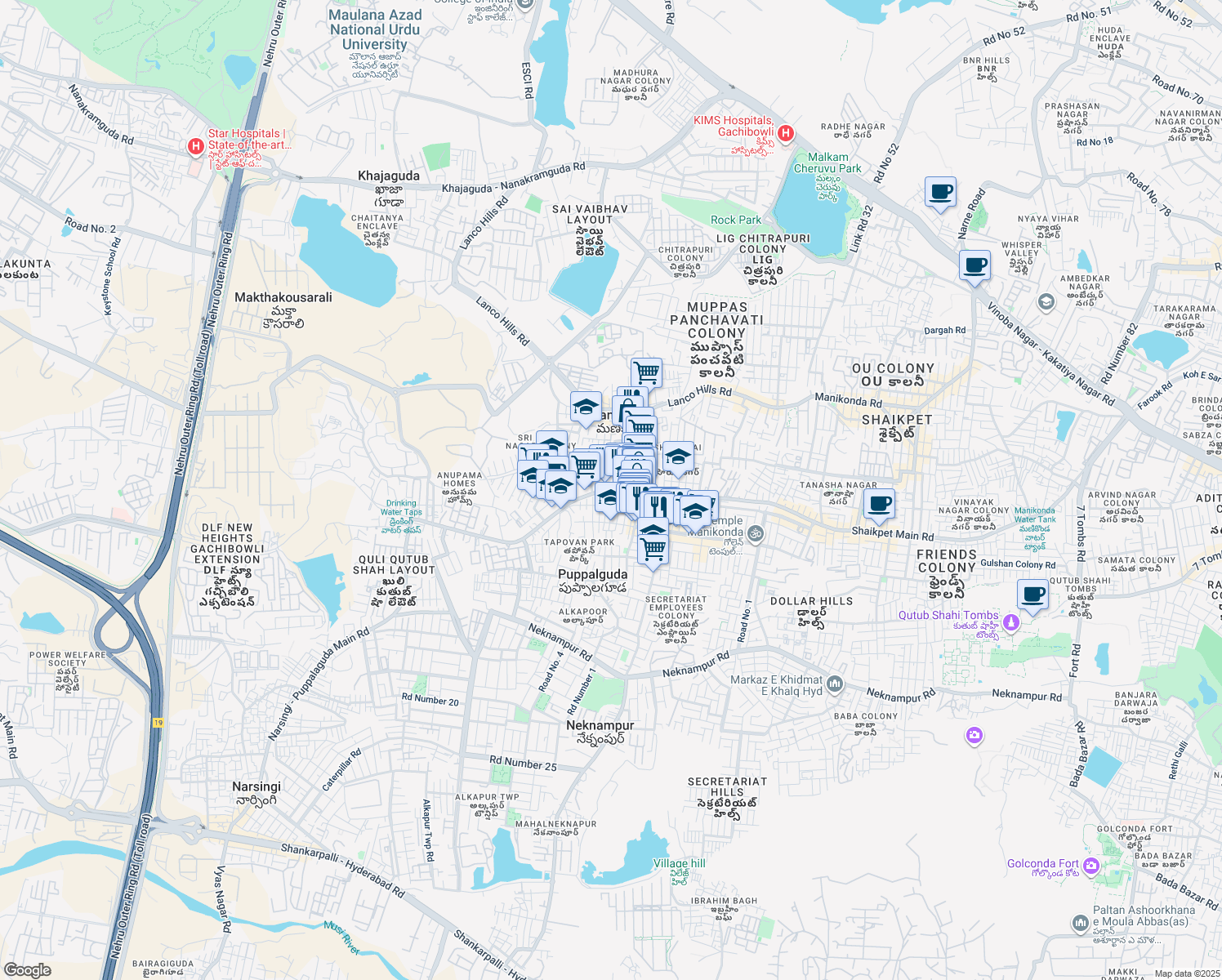 map of restaurants, bars, coffee shops, grocery stores, and more near Shaikpet Main Road in Manikonda