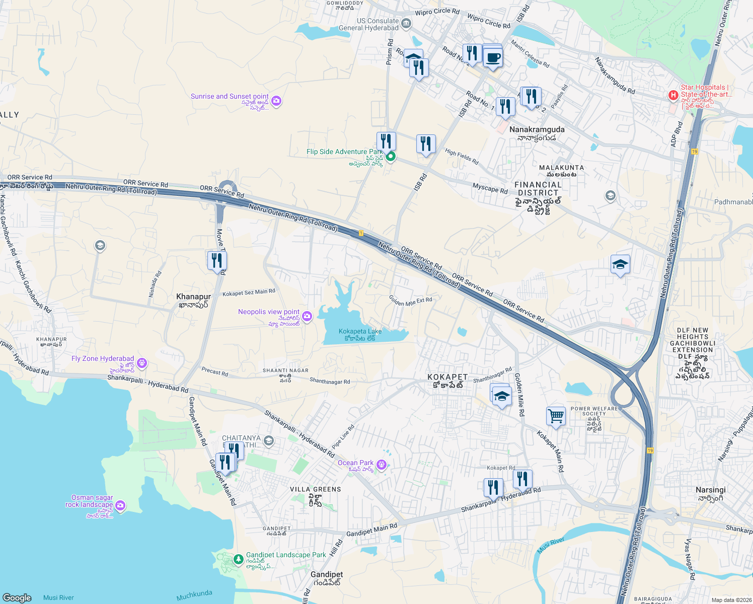 map of restaurants, bars, coffee shops, grocery stores, and more near in Hyderabad