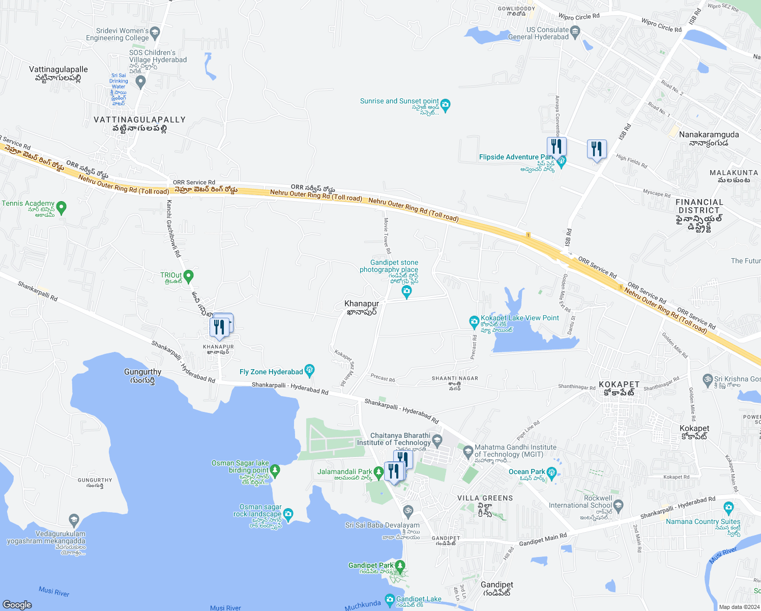 map of restaurants, bars, coffee shops, grocery stores, and more near Kokapet Sez Main Road in Khanapur