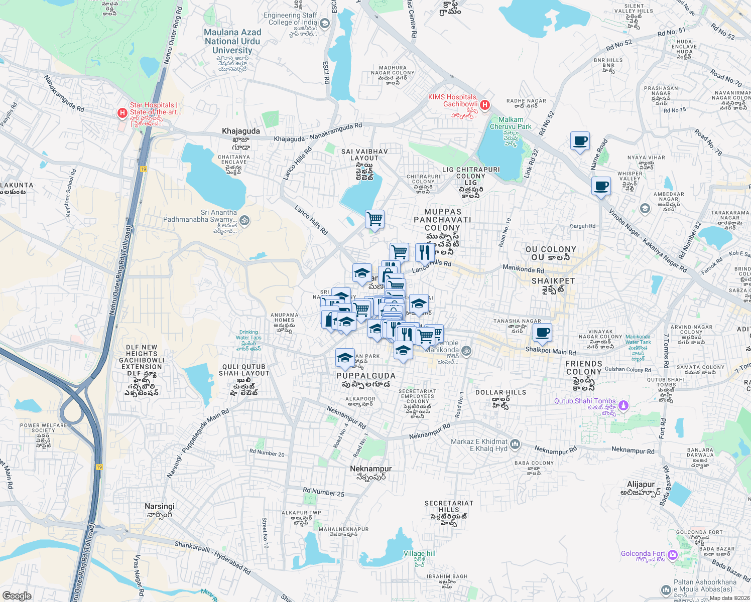 map of restaurants, bars, coffee shops, grocery stores, and more near Shaikpet Main Road in Manikonda