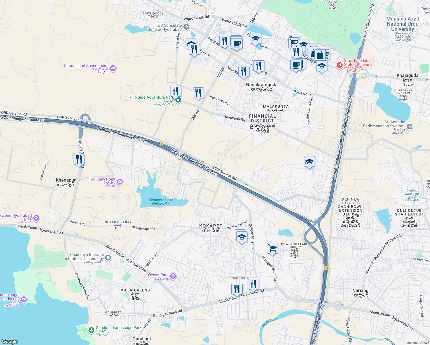 map of restaurants, bars, coffee shops, grocery stores, and more near Nehru Outer Ring Road in Nanakramguda