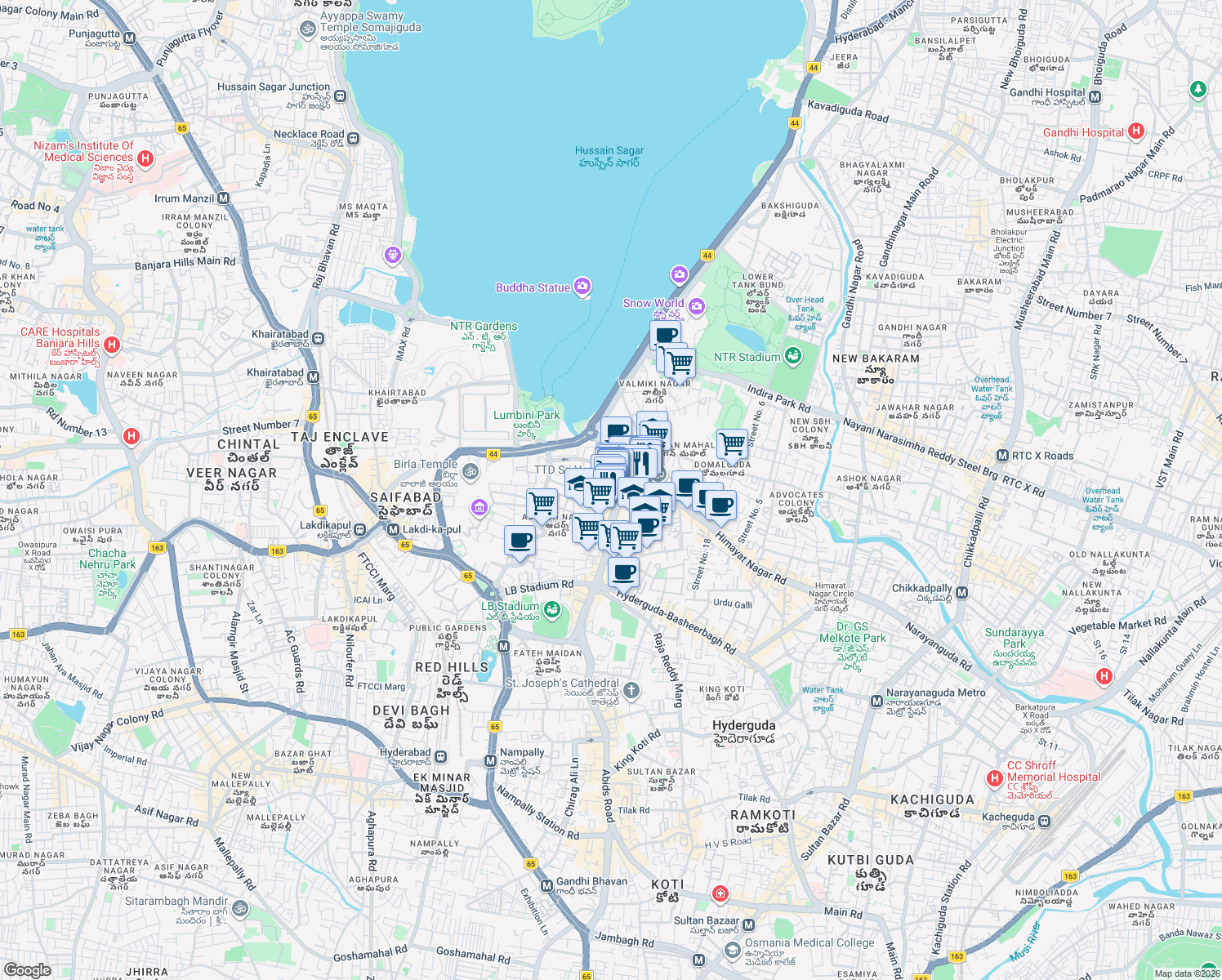 map of restaurants, bars, coffee shops, grocery stores, and more near in Hyderabad