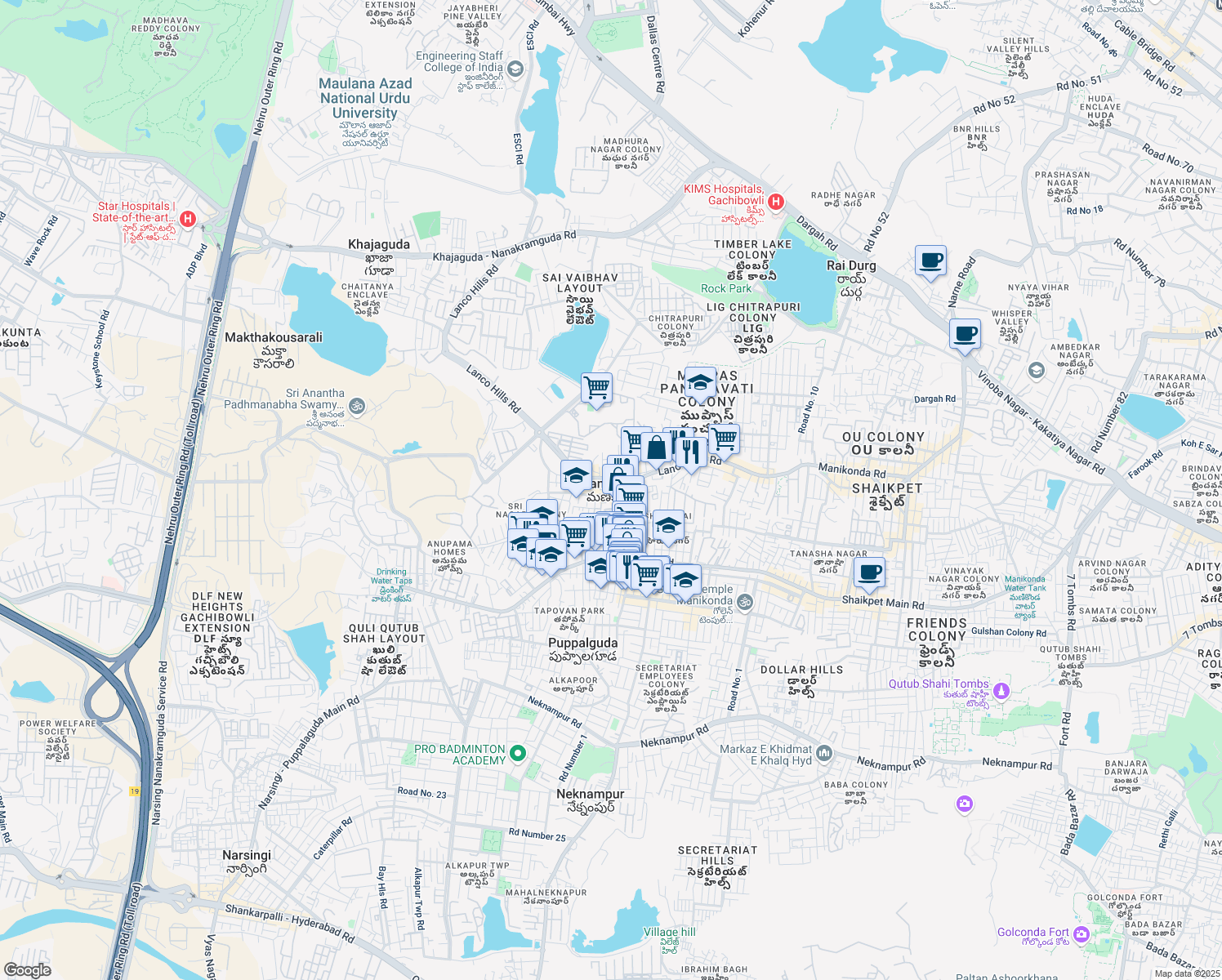 map of restaurants, bars, coffee shops, grocery stores, and more near in Manikonda