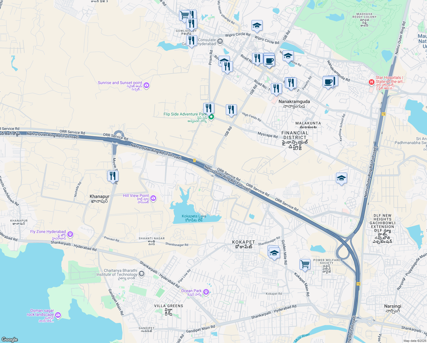map of restaurants, bars, coffee shops, grocery stores, and more near Nehru Outer Ring Road in Nanakramguda