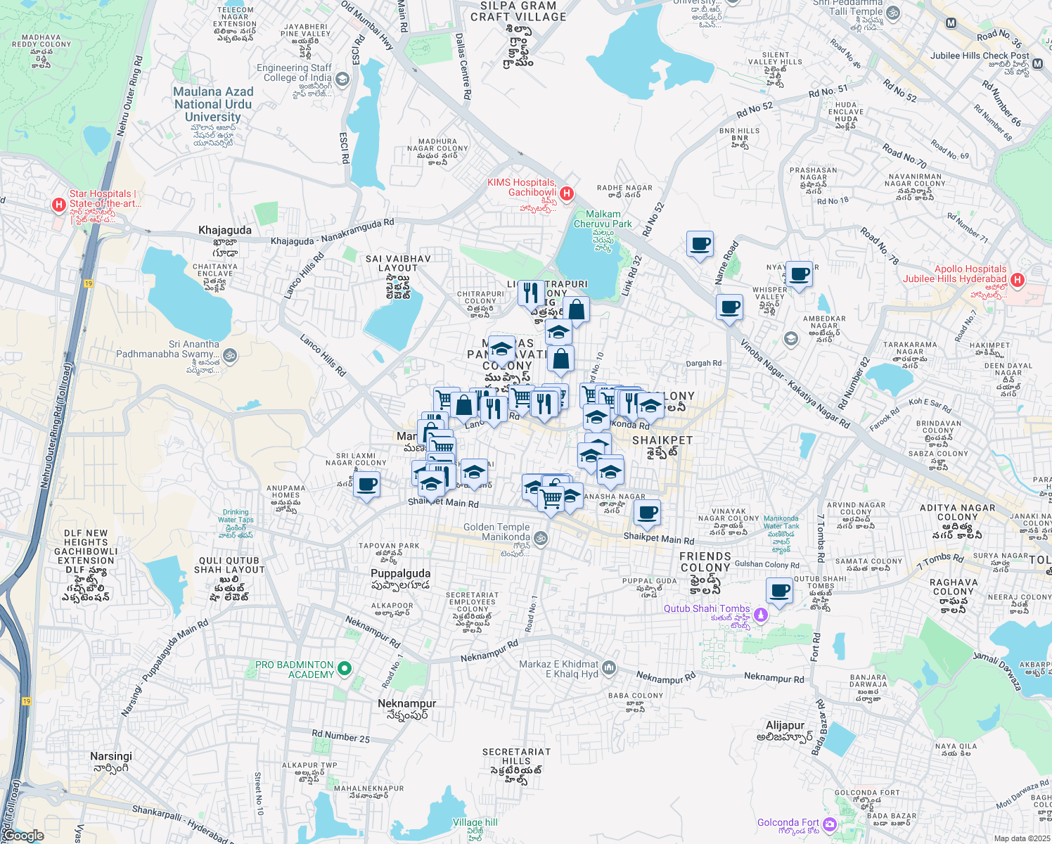 map of restaurants, bars, coffee shops, grocery stores, and more near 99 Lanco Hills Road in Manikonda