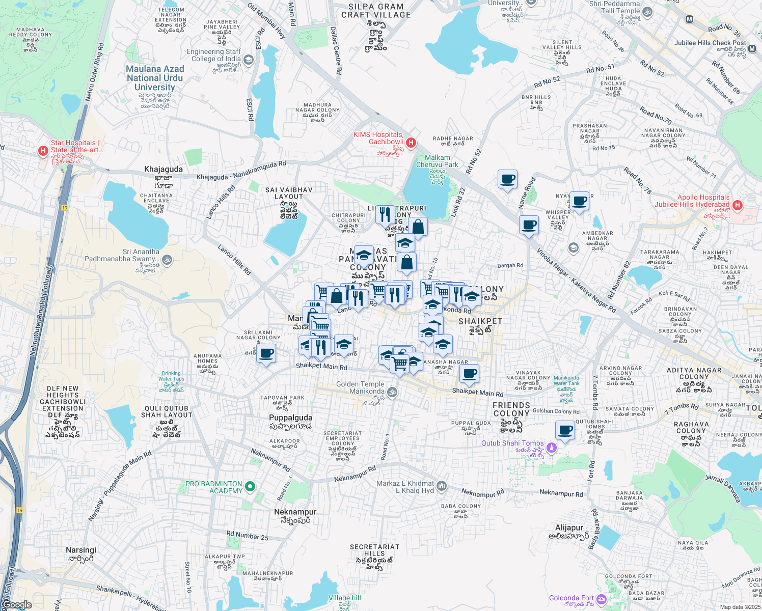 map of restaurants, bars, coffee shops, grocery stores, and more near 99 Lanco Hills Road in Manikonda