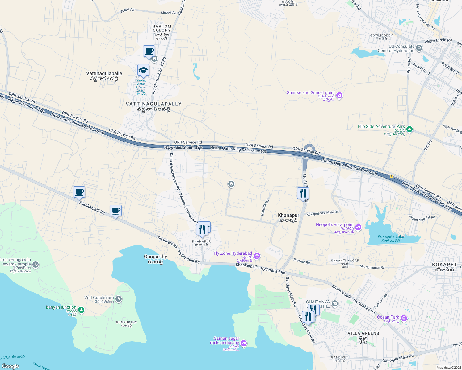 map of restaurants, bars, coffee shops, grocery stores, and more near in Hyderabad