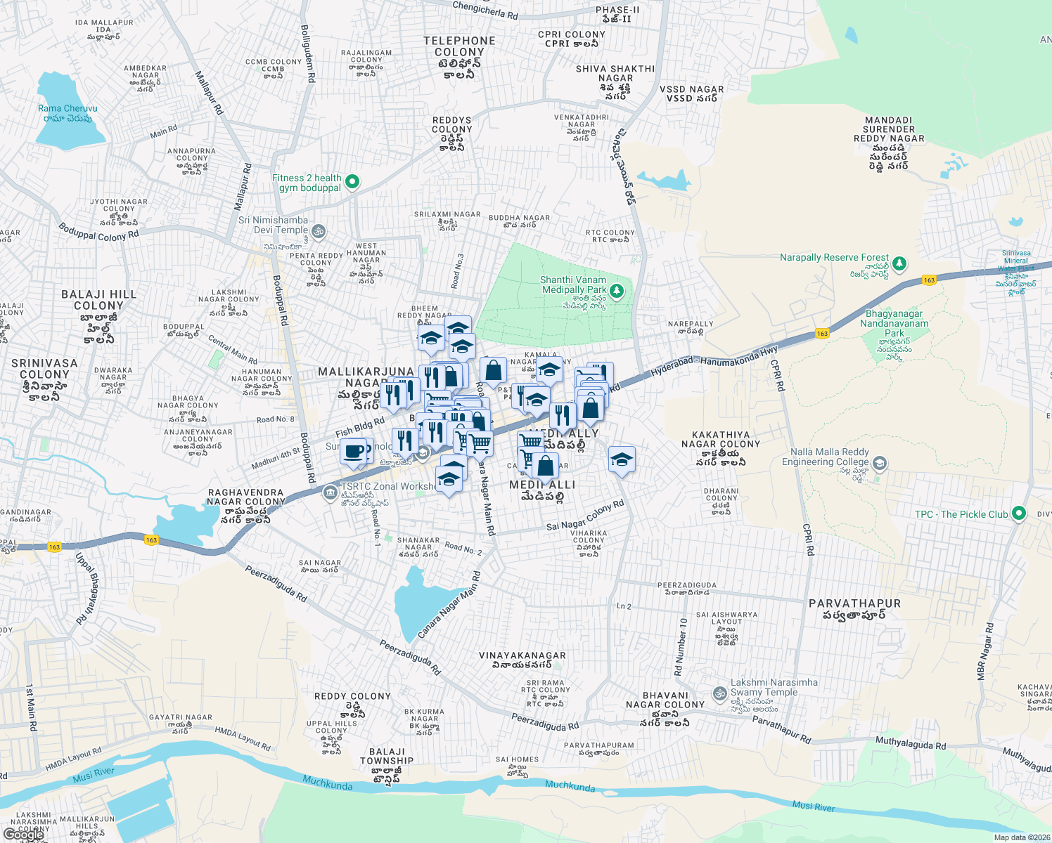 map of restaurants, bars, coffee shops, grocery stores, and more near Street Number 1 in Hyderabad