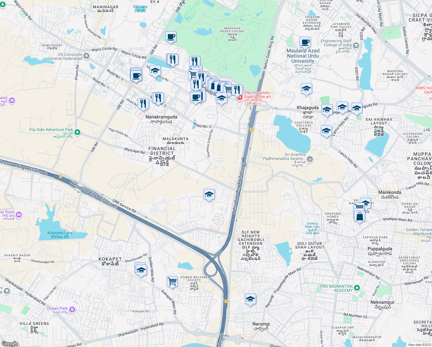 map of restaurants, bars, coffee shops, grocery stores, and more near in Nanakramguda
