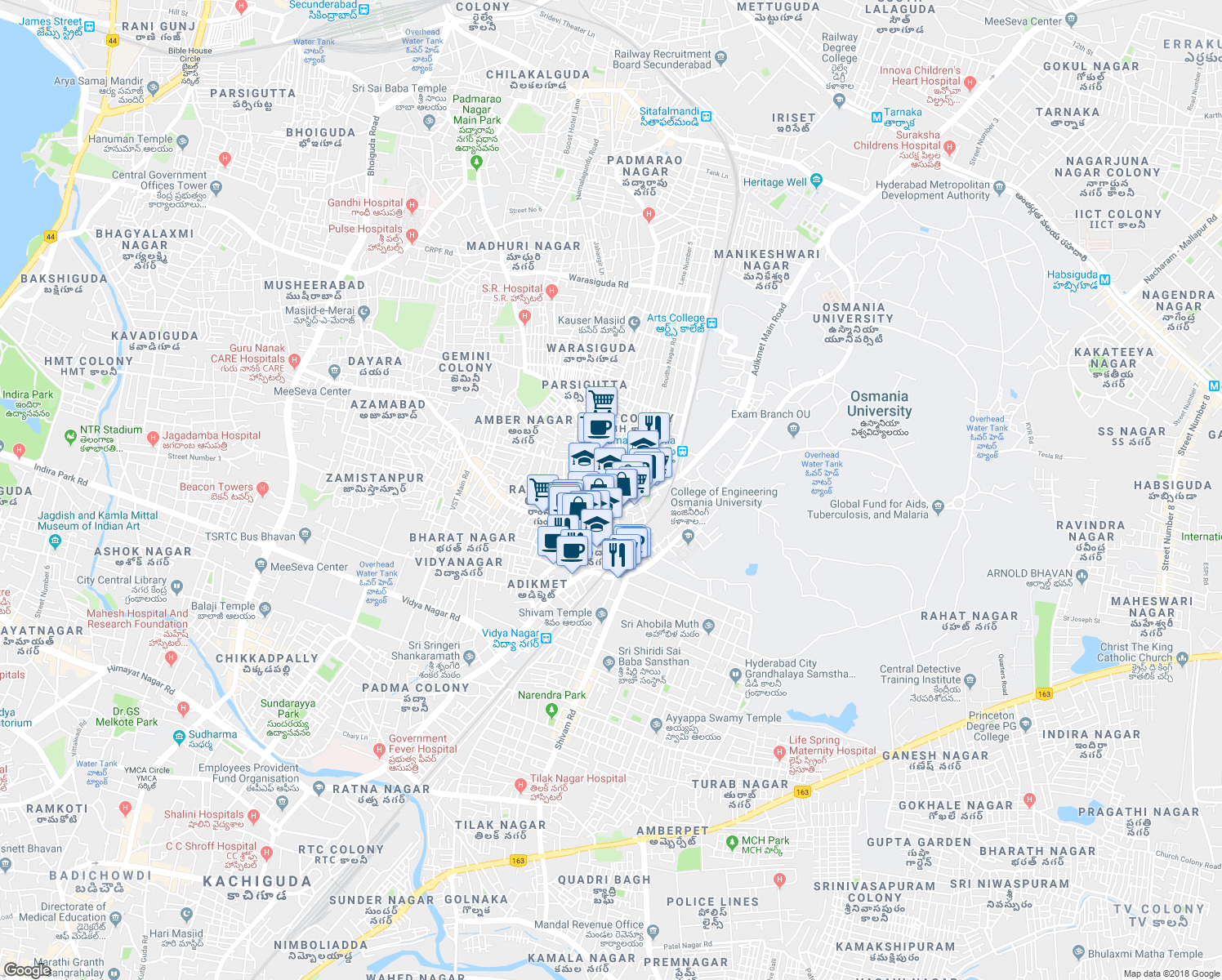 map of restaurants, bars, coffee shops, grocery stores, and more near in Hyderabad