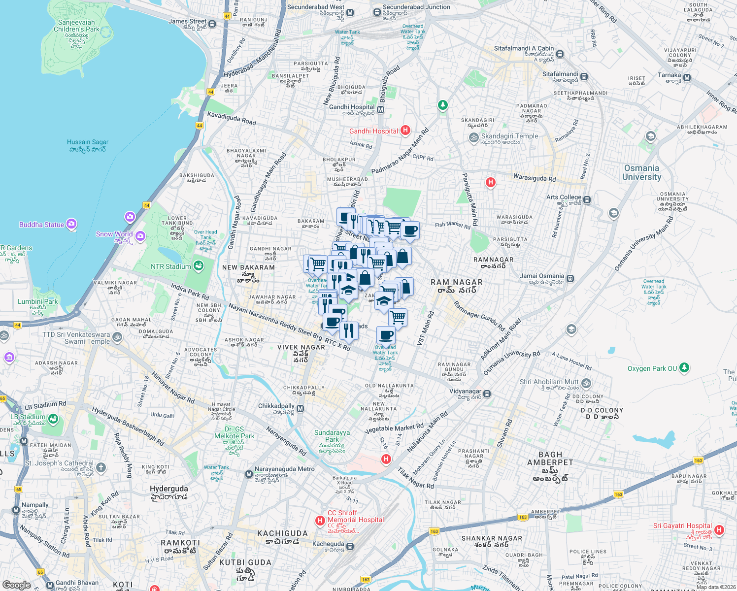 map of restaurants, bars, coffee shops, grocery stores, and more near Street Number 1 in Hyderabad