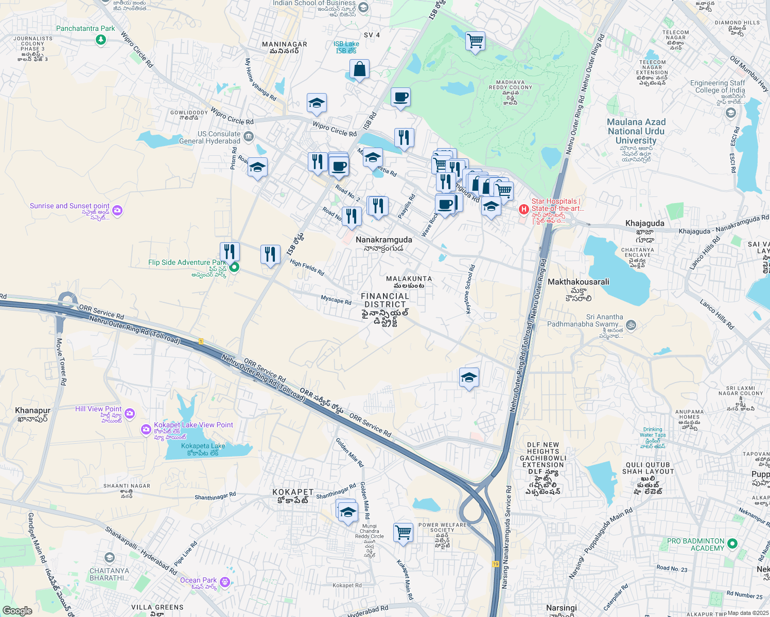 map of restaurants, bars, coffee shops, grocery stores, and more near in Nanakramguda