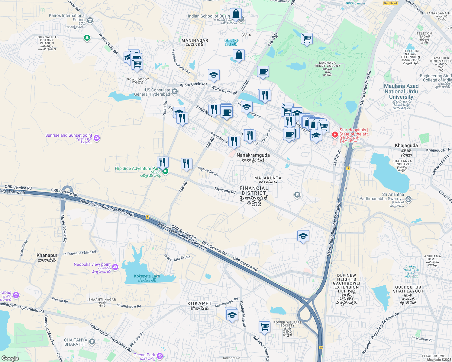 map of restaurants, bars, coffee shops, grocery stores, and more near in Nanakramguda