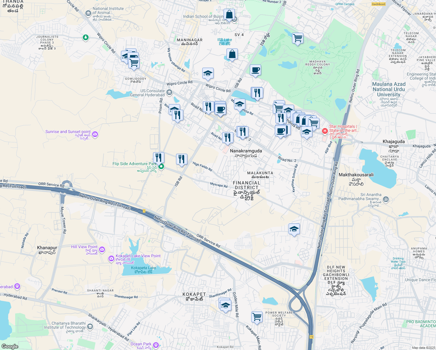 map of restaurants, bars, coffee shops, grocery stores, and more near in Nanakramguda