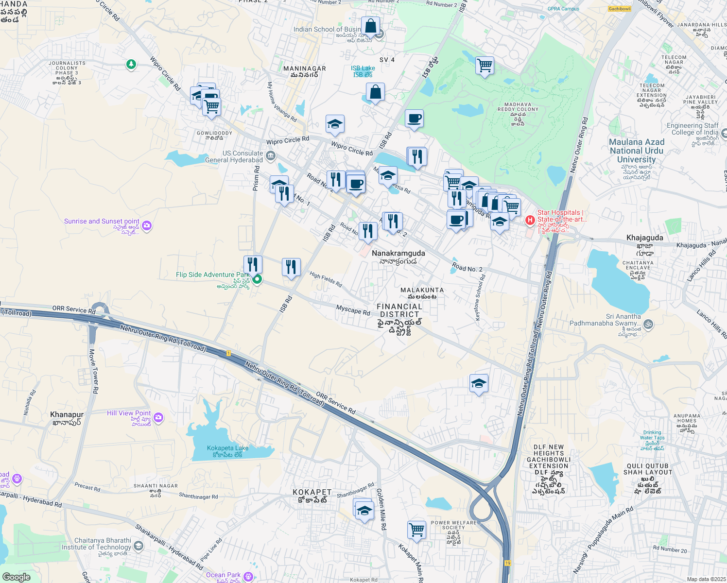 map of restaurants, bars, coffee shops, grocery stores, and more near Unnamed Road in Nanakramguda