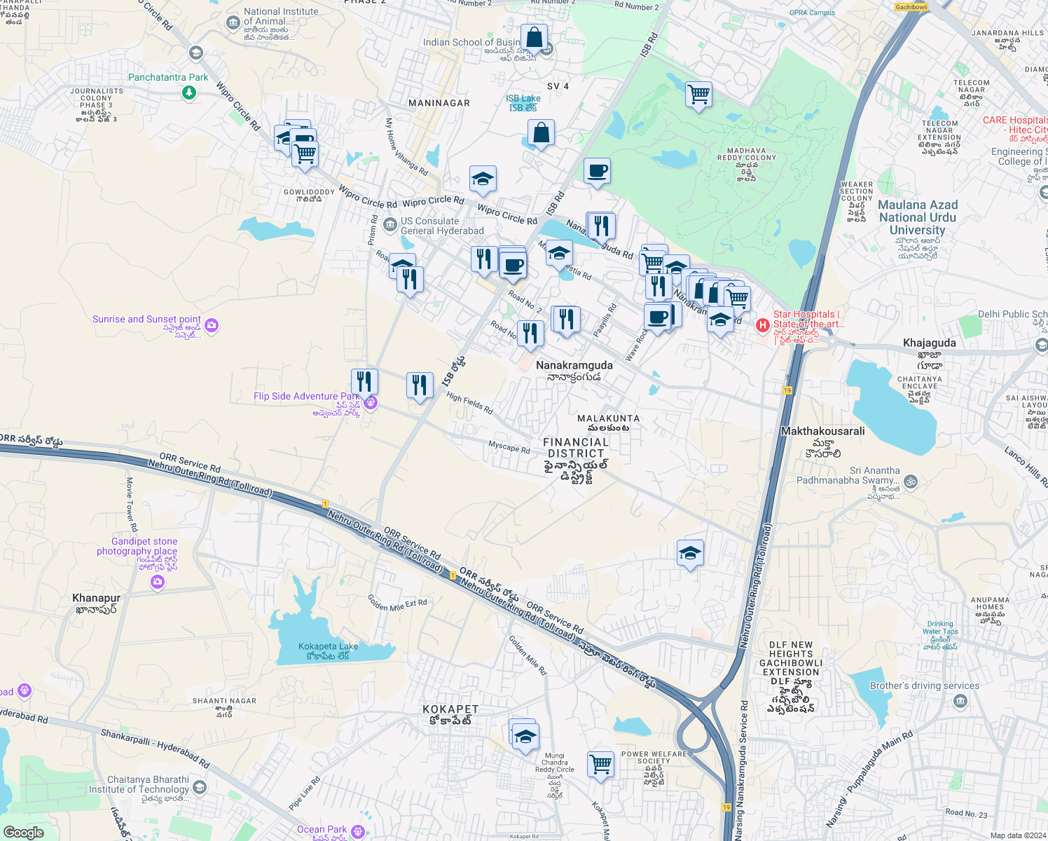 map of restaurants, bars, coffee shops, grocery stores, and more near Unnamed Road in Nanakramguda