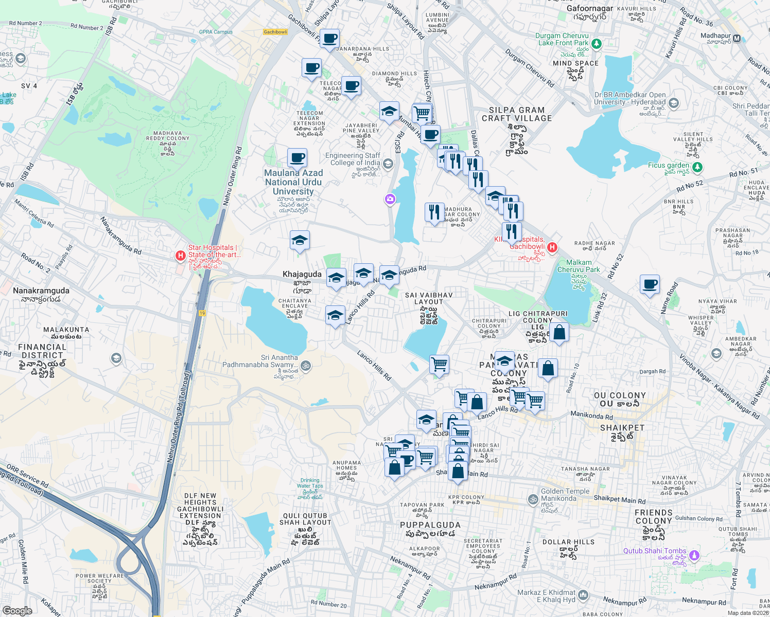 map of restaurants, bars, coffee shops, grocery stores, and more near in Hyderabad