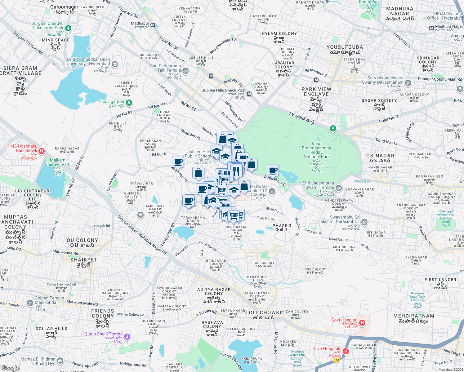 map of restaurants, bars, coffee shops, grocery stores, and more near in Hyderabad