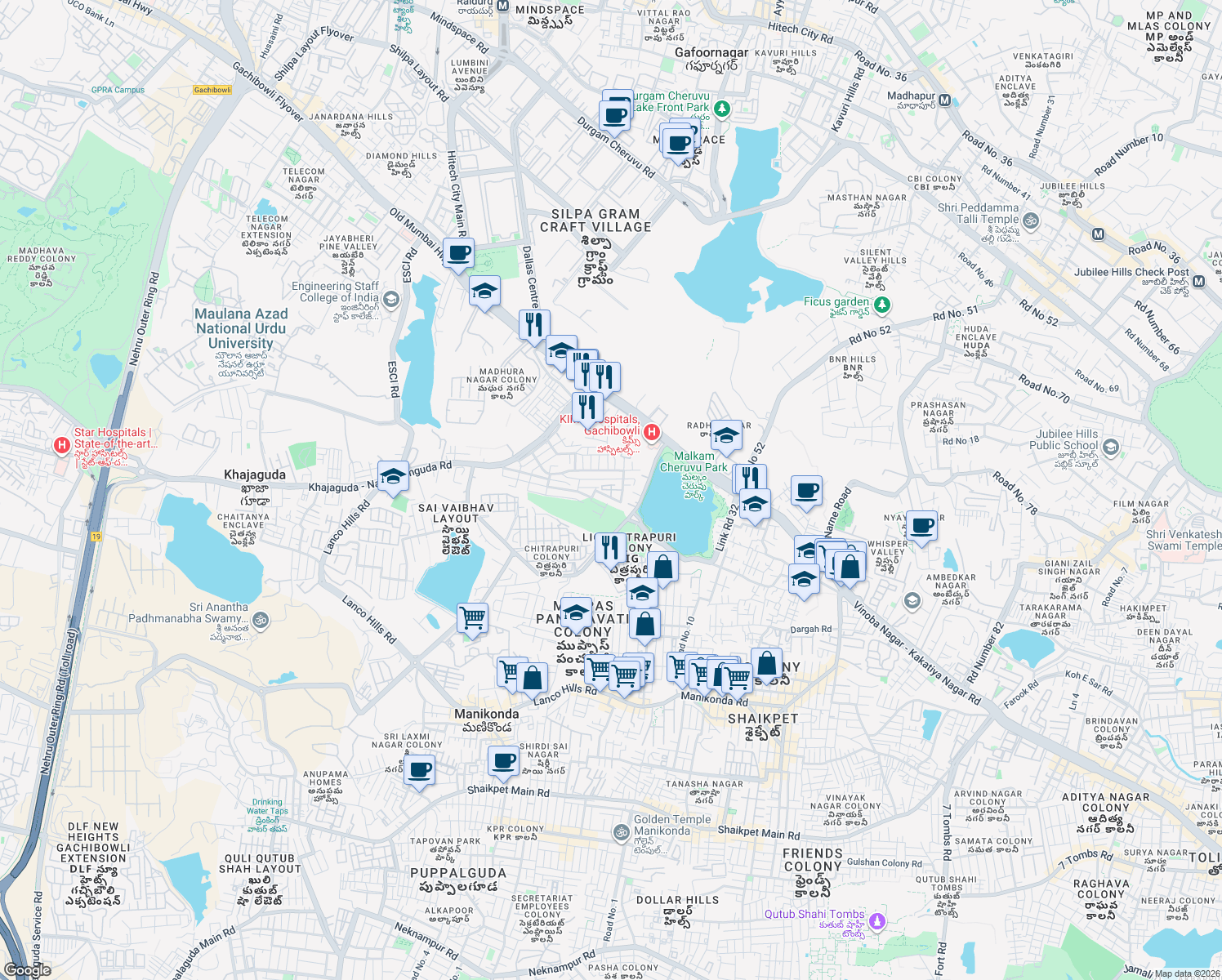 map of restaurants, bars, coffee shops, grocery stores, and more near in Hyderabad