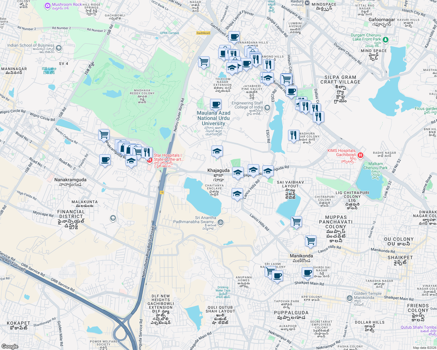 map of restaurants, bars, coffee shops, grocery stores, and more near in Khajaguda