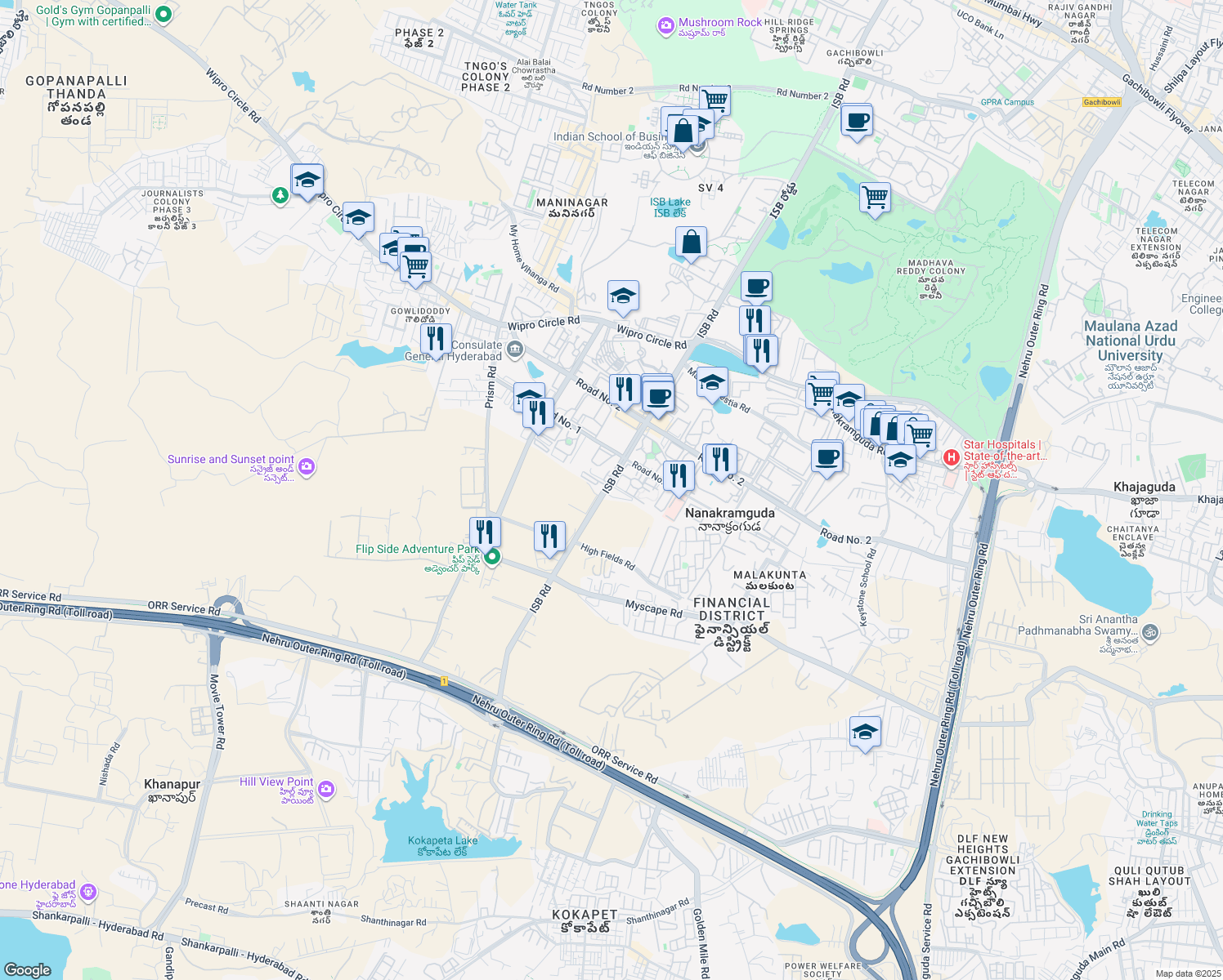 map of restaurants, bars, coffee shops, grocery stores, and more near 115 ISB Road in Nanakramguda