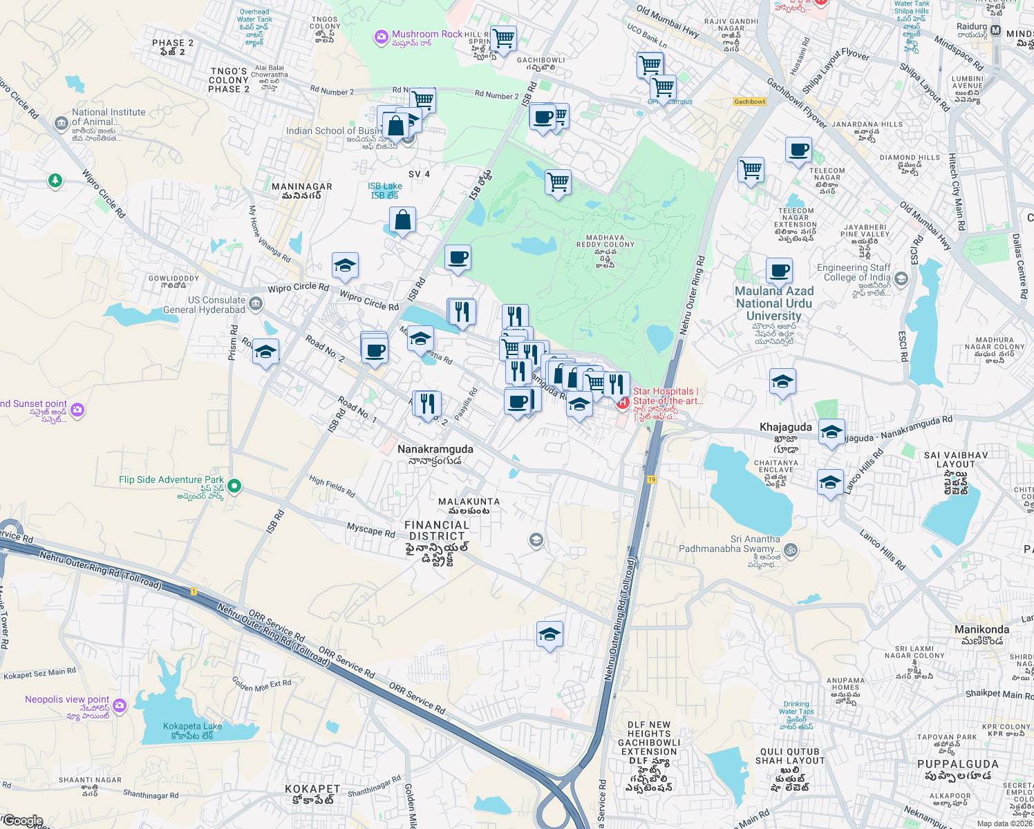 map of restaurants, bars, coffee shops, grocery stores, and more near in Nanakramguda